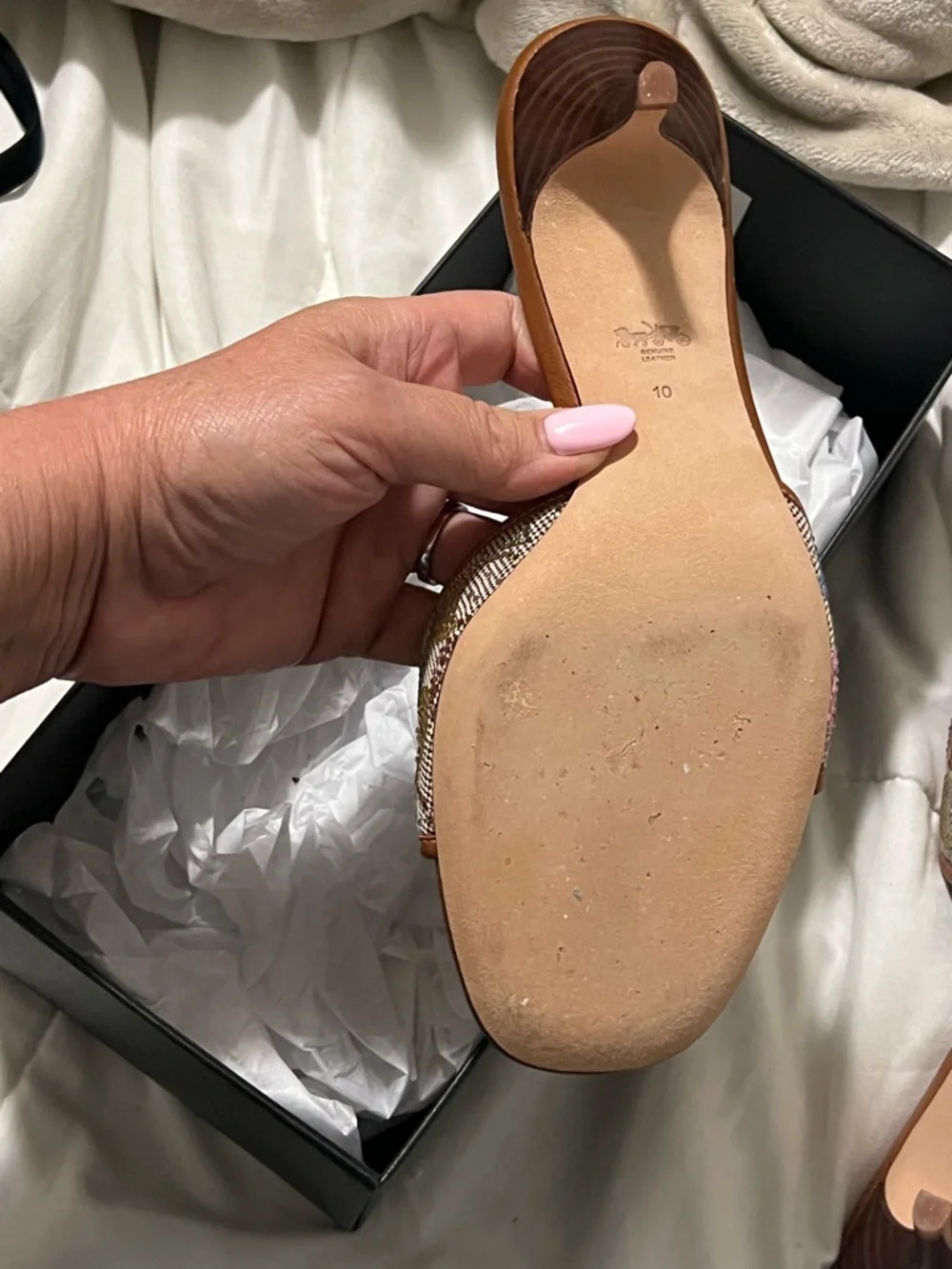 Coach Tan Leather Slide Sandals with Multicolor Woven Strap - Picture 5 of 12